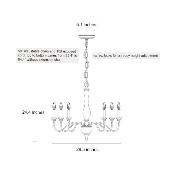 6-Light Rustic Farmhouse Wood Chandelier 29.5 in. W with Antique White French Country Accents and Classic Candle Style