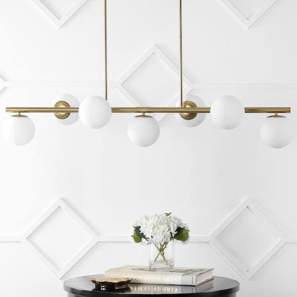 Luca Parisian 53 in. 7-Light Brass Gold/White Modern Glam Iron Globe Linear LED Pendant, Brass Gold