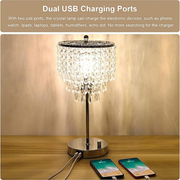 17 in. Chrome LED Integrated Table Lamp with 3-Way Dimmer Rotary Switch and Dual USB Charging Ports