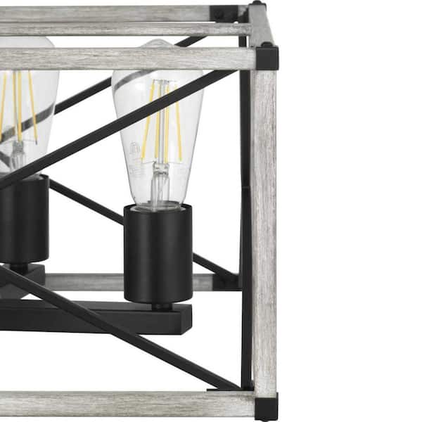 Madison Landing 4-Light Caged Matte Black Rectangular Pendant Hanging Light with Washed White Farmhouse Wood Accents