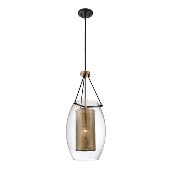Dunbar 12 in. W x 28.5 in. H 1-Light Bronze with Warm Brass Accents Shaded Pendant Light with Clear Glass Shade