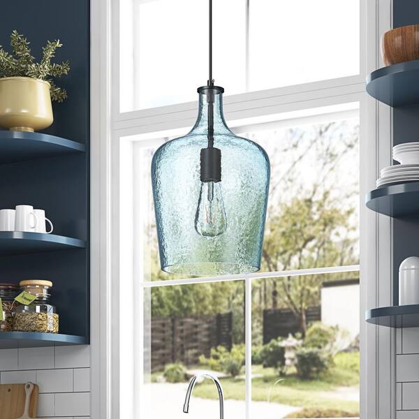 9 in. 1-Light Black Island Pendant Light Industrial Hanging Light with Blue Glass Shade
