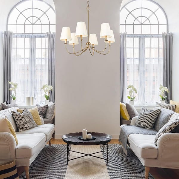 Transitional Plated Brass Linear Chandelier with White Cone Fabric Shades 6-Light Vintage Candlestick Hanging Light