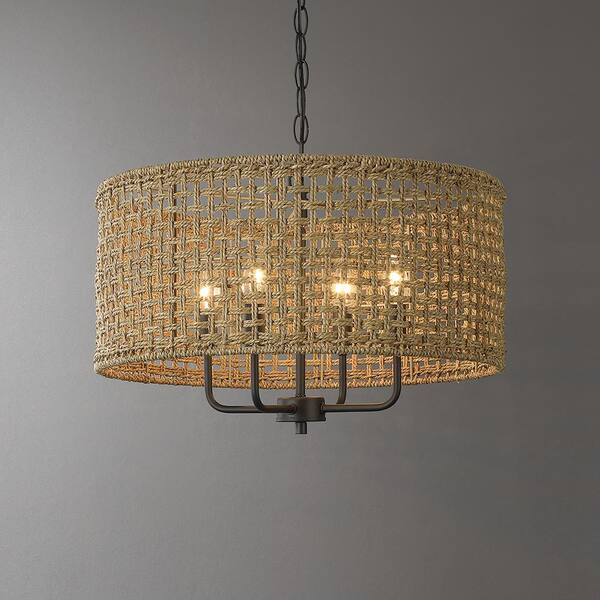 Cape 20 in. 4-Light Bohemian Drum Chandelier with Lime Hand Woven Shade