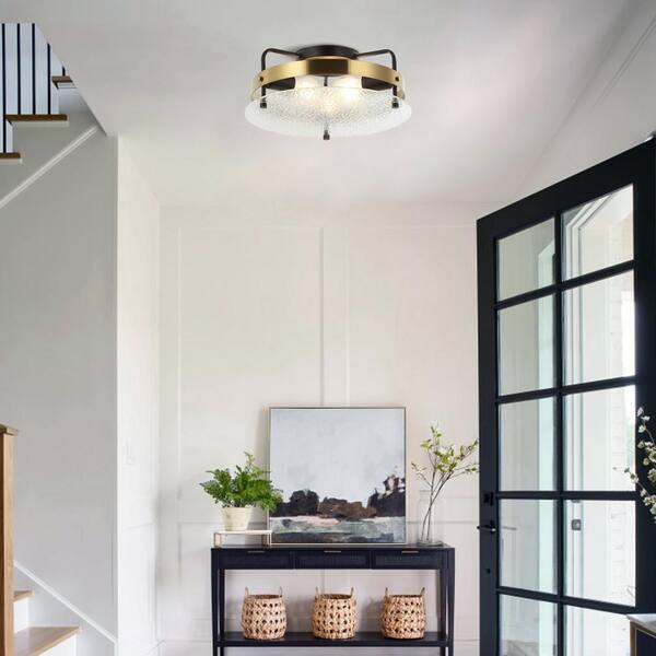 Modern 15 in. 3-Light Matte Black and Gold Drum Semi- Flush Mount Ceiling Light Fixture with Clear Glass