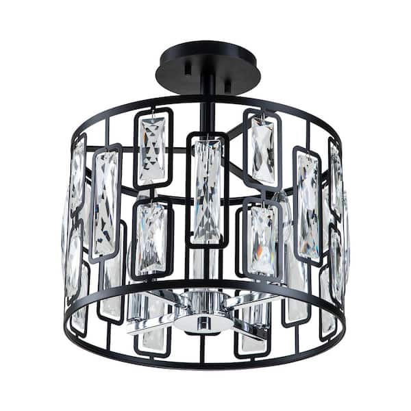 13.5 in. 4-Light Black Semi Flush Mount with Clear Crystals