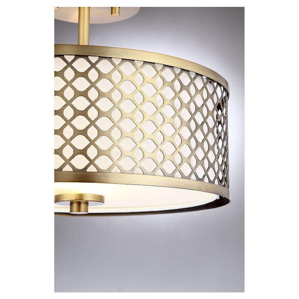 13 in. W x 10 in. H 2-Light Natural Brass Semi-Flush Mount with White Fabric Shade and Geometric Metal Frame