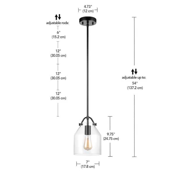 1-Light Matte Black Shaded Pendant Light with Clear Glass Shade