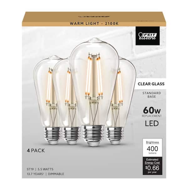 60-Watt Equivalent ST19 Dimmable Straight Filament Clear Glass E26 Vintage Edison LED Light Bulb, Warm White (4-Pack)