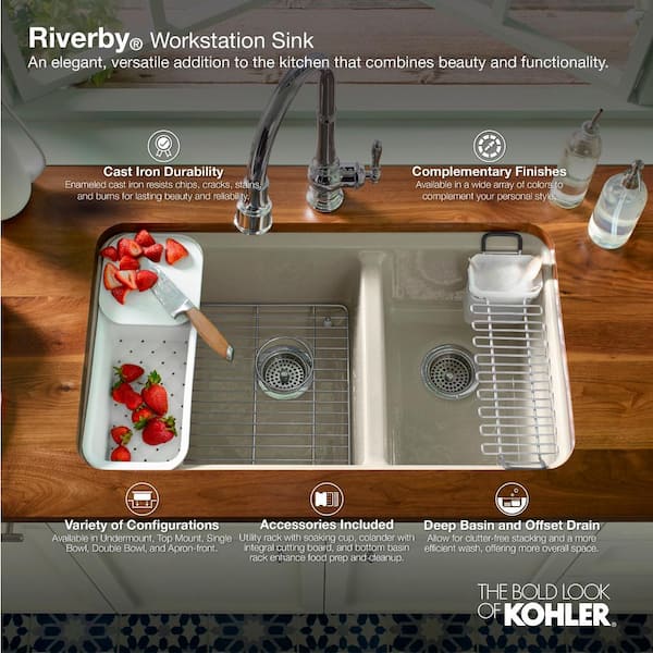 Riverby Undermount Cast Iron 33 in. 5-Hole Double Bowl Kitchen Sink Kit in White