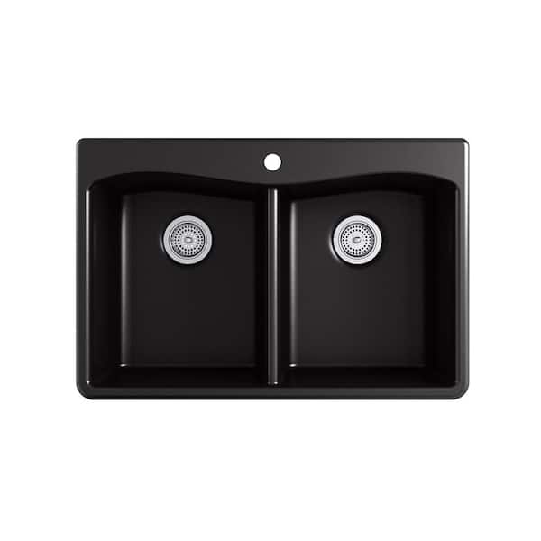 Kennon Drop-in/Undermount Granite Composite 33 in. Double Bowl Kitchen Sink with Sous Kitchen Faucet in Matte Black