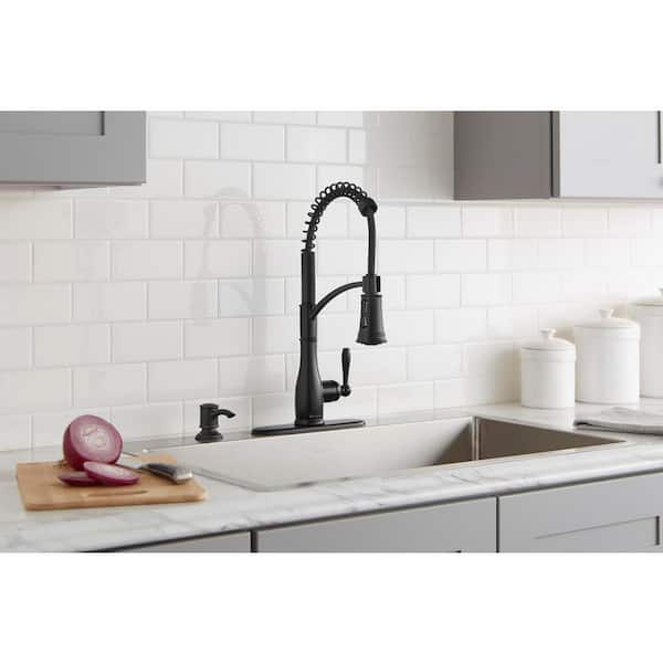 Mandouri Single-Handle Spring Neck Pull-Down Sprayer Kitchen Faucet with Soap Dispenser in Matte Black