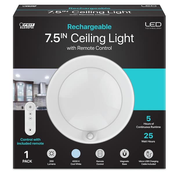 7.5 in. Battery Operated LED White 25-WH Rechargeable w/Remote Control 4000K Cool White Ceiling Fixture Light (1-Pack)