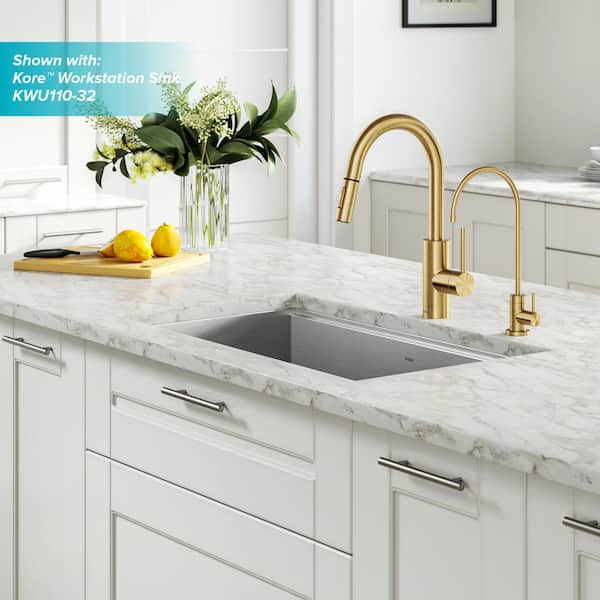 Oletto Single Handle Pull-Down Kitchen Faucet and Purita Beverage Faucet in Brushed Brass