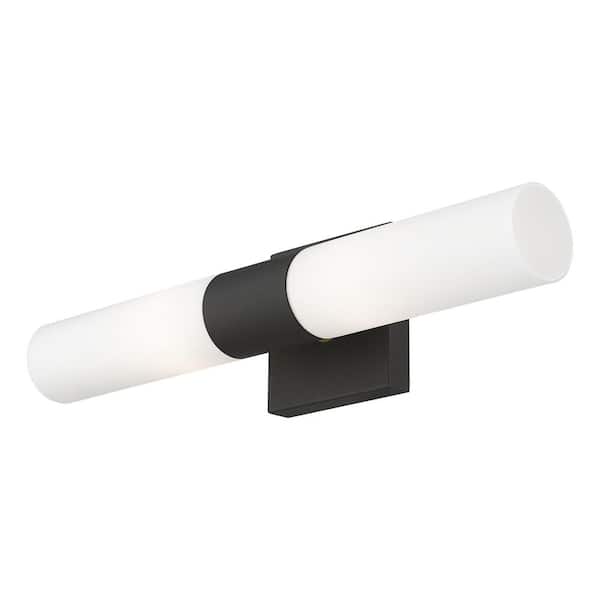 Aspen 2 Light Textured Black ADA Wall Sconce with Hand Blown Satin Opal White Twist Lock Glass