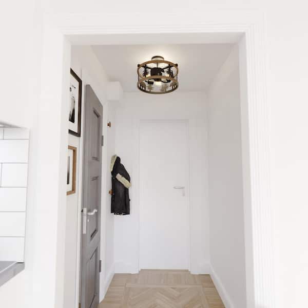 Kodiak 16-in W Black and Teak Rustic Semi Flush Mount Ceiling Light Bear and Tree Motif