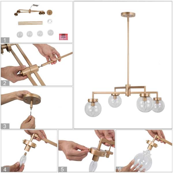 Modern Gold Sputnik Bedroom Chandelier, 27.5 in. 4-Light Farmhouse Linear Globe Dining Room Chandeliers Semi flush Mount