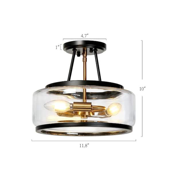 Modern Black and Brass Round Ceiling Light 3-Light Dome Semi-Flush Mount Light with Clear Glass Shade