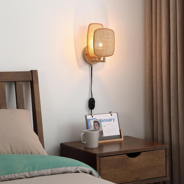 Amud - 3.68 in. 1-Light Natural Wall Sconce, Dimmable, Plug in, with Wicker Shade, No Bulb Included