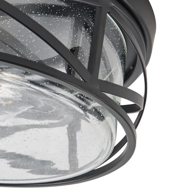 Industrial 13.77 in. 2-Light Black Farmhouse Flush Mount Ceiling Light with Seeded Glass Shade