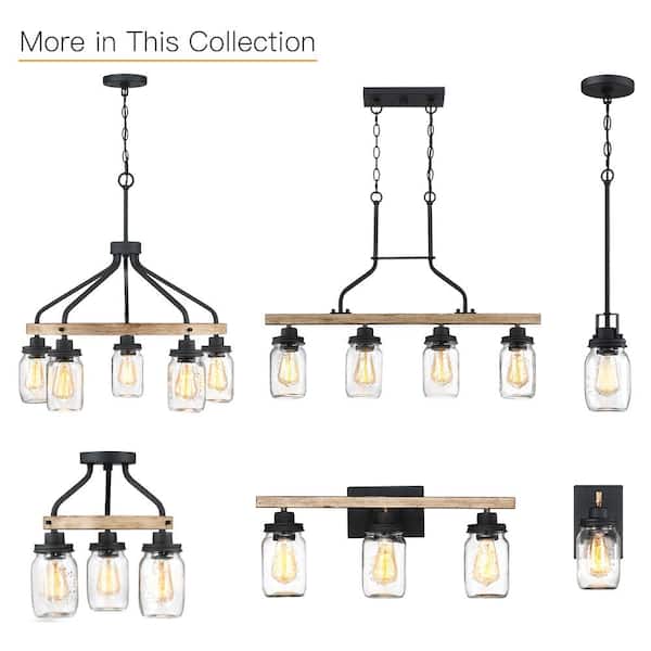 Eliton 1-Light Black/Wood Tone Rustic Farmhouse Wall Sconce with Clear Mason Jar Glass Shades