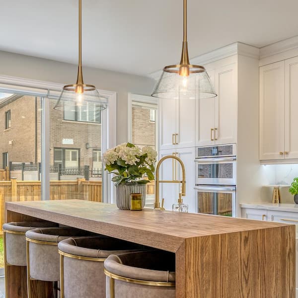 Quoridan Plated Brass Modern Drum Pendant with Clear Seedy Glass Shade DIY 1-Light Living Room Chandelier Lighting