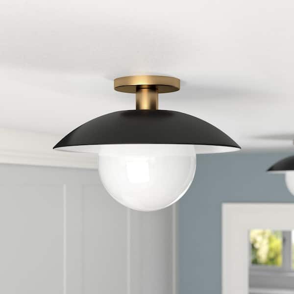 Alvia 14.5 in. Brass Matte Black and White Metal Semi-Flush Mount