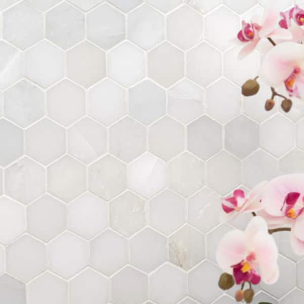 Greecian White Hexagon 12 in. x 11.75 in. x 10 mm Polished Marble Mosaic Tile (9.8 sq. ft. / case)
