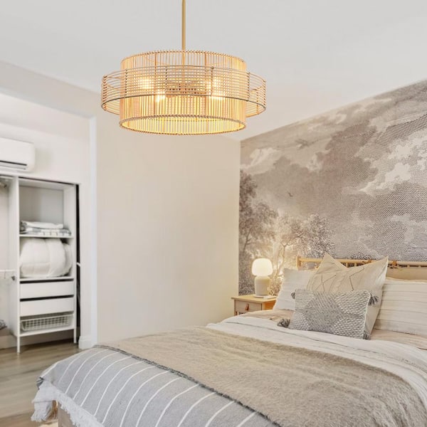 Saturn 22 in. 4-Light Brass Modern Bohemian Chandelier with Natural Rattan Shade