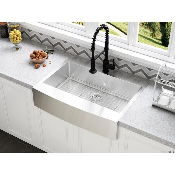Brimley Retrofit Dual Mount Stainless Steel 33 in. 1-Hole Single Bowl Curved Farmhouse Apron Front Kitchen Sink