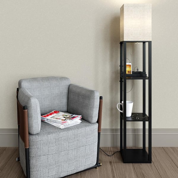62.5 in. Black Shelf Lamp with USB + USBC