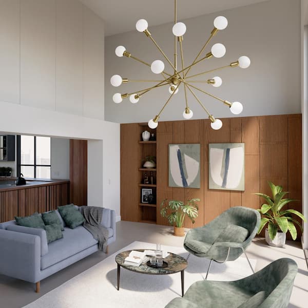 Armstrong 63 in. 16-Light Natural Brass Mid-Century Modern Sputnik Cluster Chandelier for Dining Room