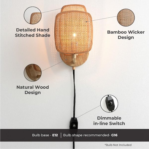 Amud - 3.68 in. 1-Light Natural Wall Sconce, Dimmable, Plug in, with Wicker Shade, No Bulb Included