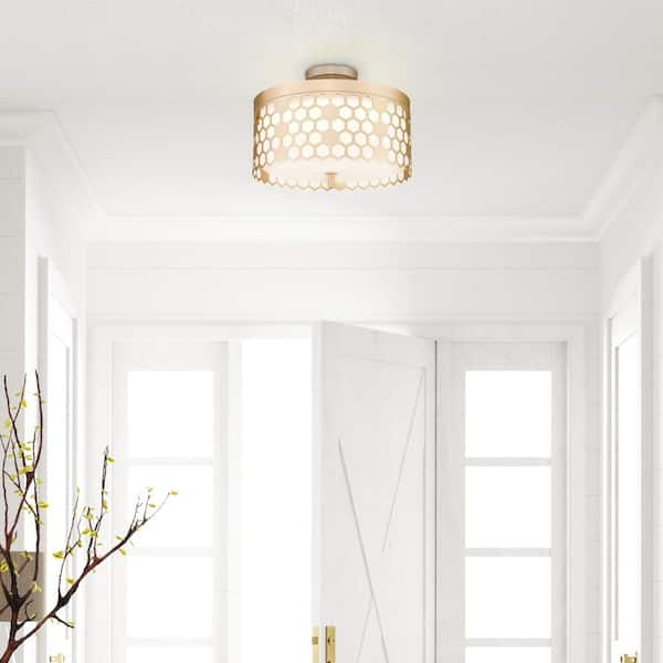 Lancaster 3-Light Brushed Gold Semi-Flush Mount with Glass Shade