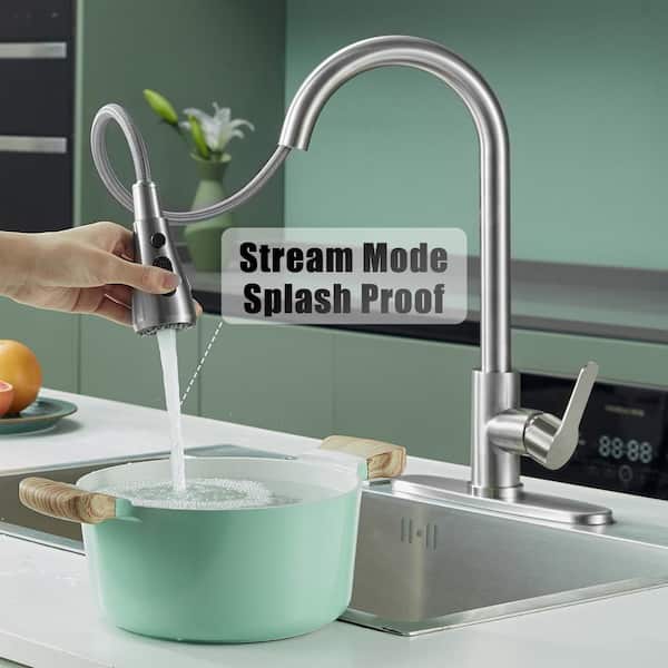 Pause Mode Single Handle Pull Down Sprayer Kitchen Faucet with Deck Plate Included in Brushed Nickel