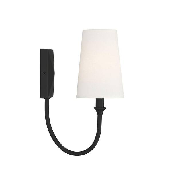 Cameron 5 in. W x 13 in. H 1-Light Matte Black Transitional Wall Sconce with White Fabric Shade