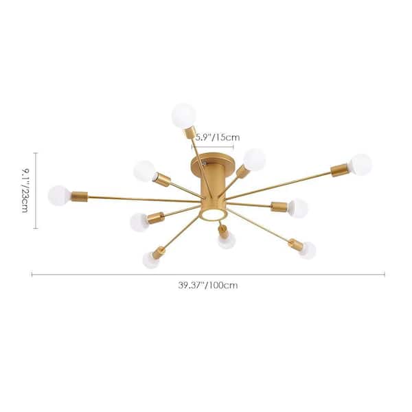 Wingard 39.37in. 10-Light Gold Modern Sputnik Ceiling Light Mid-Century Semi-Flush Mount with A LED Spotlight