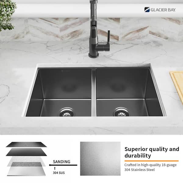 Gunmetal Black Stainless Steel 31 in. 18-Gauge Double Bowl Undermount Kitchen Sink
