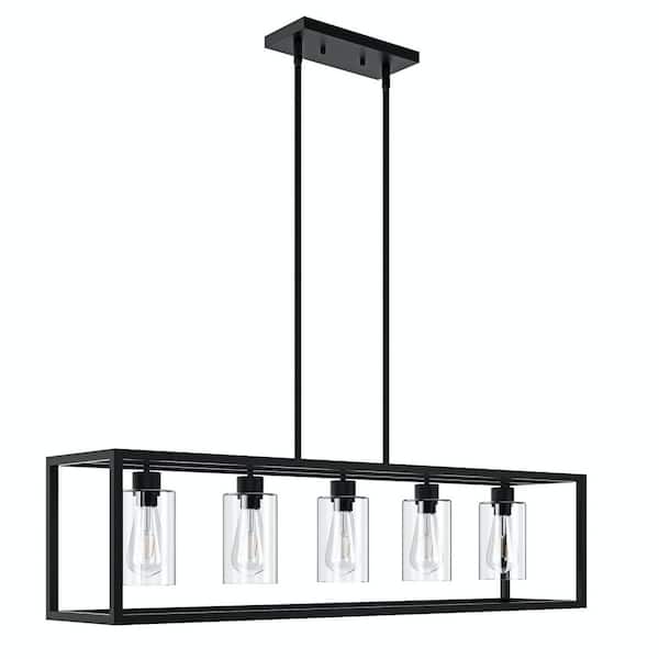 5 -Light Black Unique Statement Square Rectangle Chandelier With Glass Shade