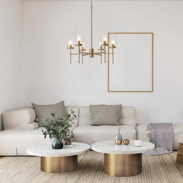 Modern Satin Gold Island Chandelier 6-Light Transitional Candlestick Linear Chandelier with Seeded Glass Shades