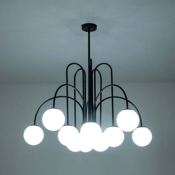 Erik 10-Light Black Unique Modern Elbow Sputnik Chandelier with Frosted White Glass Globe Bubble