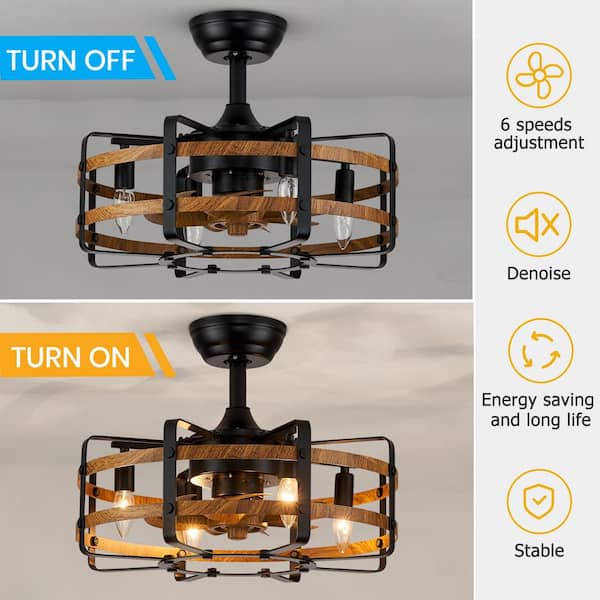 20 in. 4-Light Indoor Farmhouse Black Caged Ceiling Fan with Light Wood Grain Enclosed Ceiling Fan with Remote