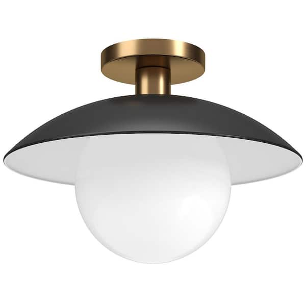 Alvia 14.5 in. Brass Matte Black and White Metal Semi-Flush Mount