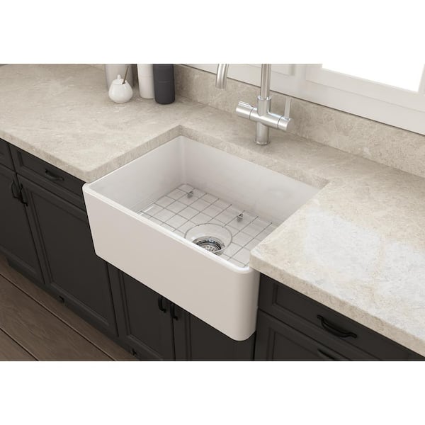 Farmhouse Apron-Front Fireclay 24 in. Single Bowl Kitchen Sink in White with Bottom Grid