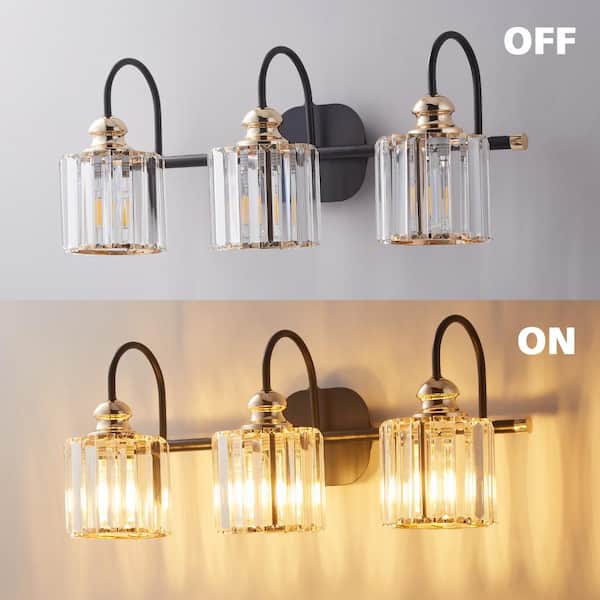Merrin 23.1 in. 3-Light Black Golden Bathroom Vanity Light with Crystal Shades