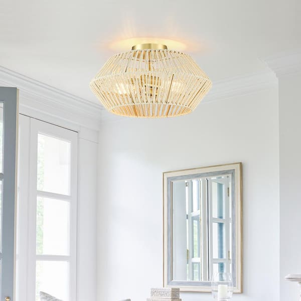 Bohe 16 in. 2-Light Brass/Beige Bohemian Woven Rope Semi-Flush Mount Ceiling Light