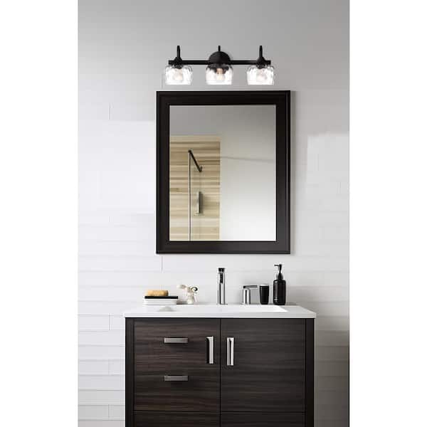 23.25 in. 3-Light Matte Black Vanity Light with Clear Hammered Glass, No Bulbs Included