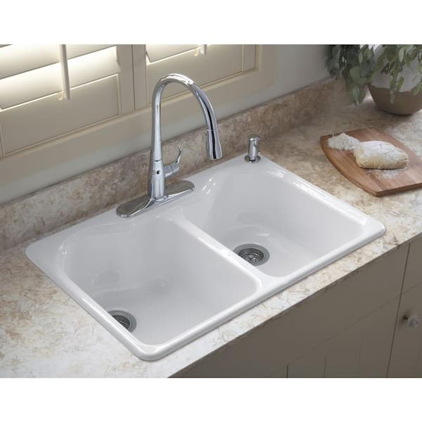 Hartland Drop-In Cast Iron 33 in. 4-Hole Double Bowl Kitchen Sink in White