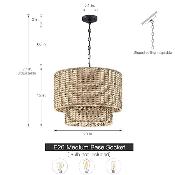Seymour 20 in. 4-Light Black Canopy Natural Rattan Tiered Drum Pendant Chandelier Light
