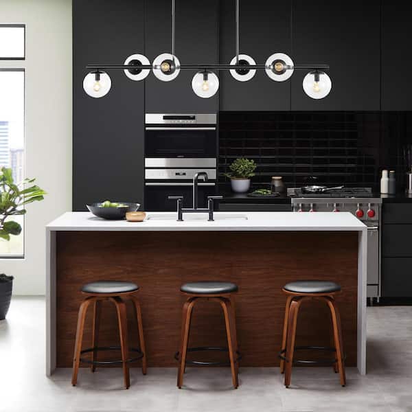 Luca Parisian 53 in. 7-Light Black/Clear Modern Glam Iron Globe Linear LED Pendant Light, Black